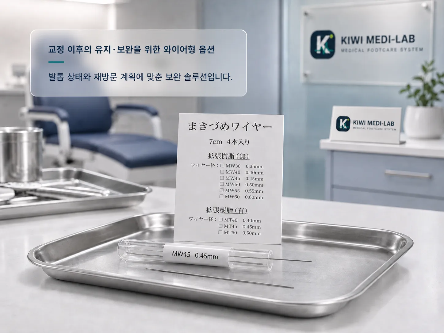 은은한 클리닉 배경 위에 배치된 SM 와이어 제품 소개 이미지