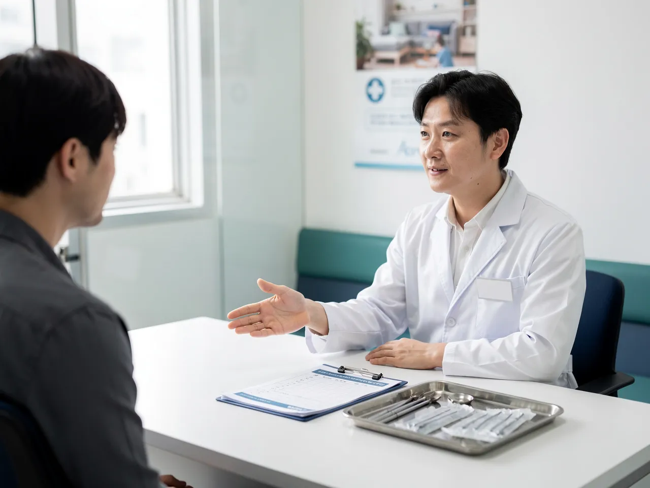 의사가 멸균 기구와 프로토콜 자료를 두고 전문 진료 필요성을 설명하는 모습