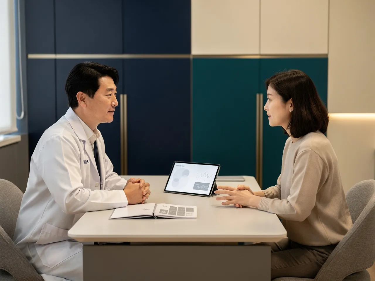 의사가 환자와 상담 자료를 보며 진료 안내 흐름을 설명하는 모습